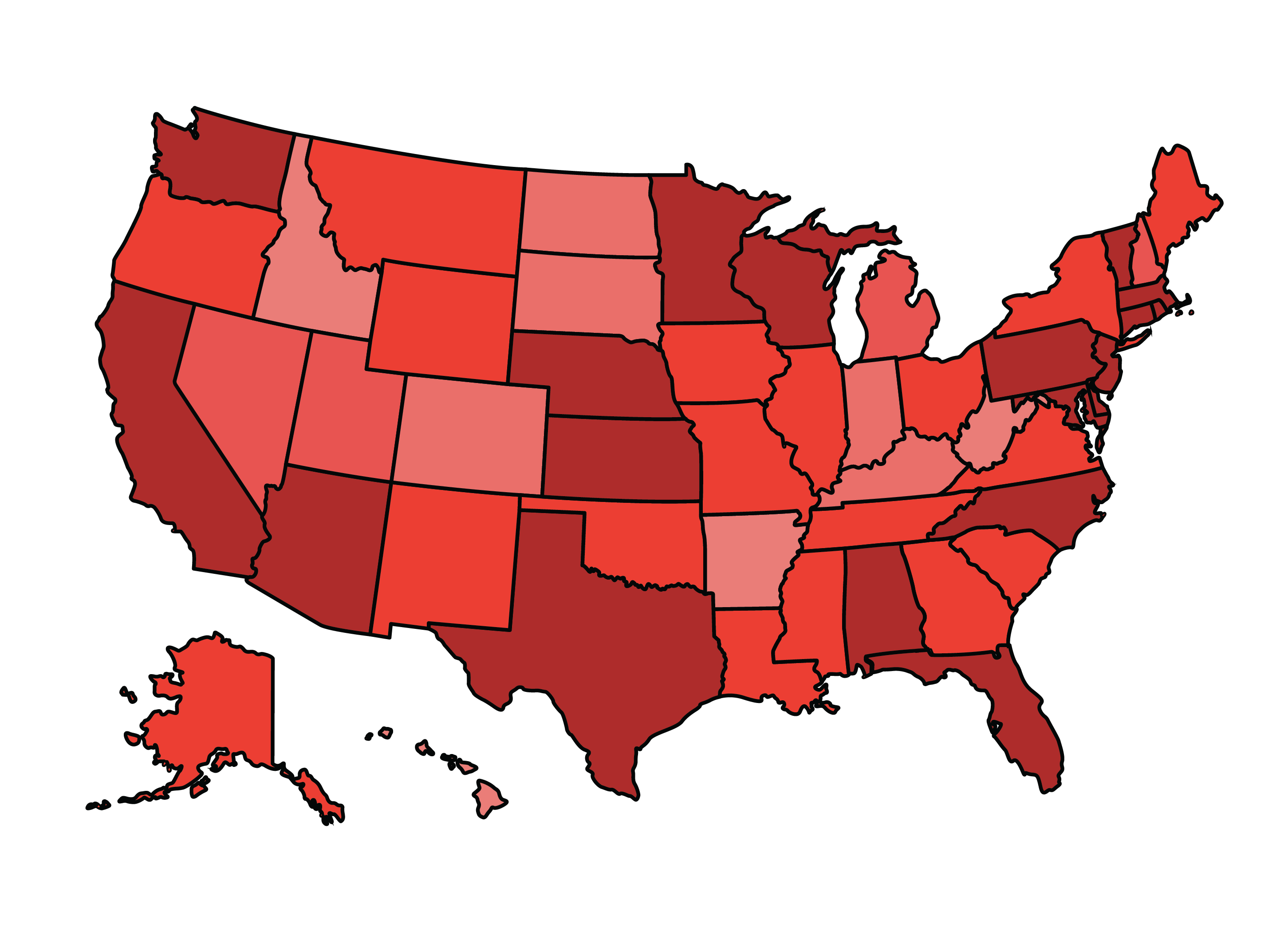 Red outlined map of United States including clients